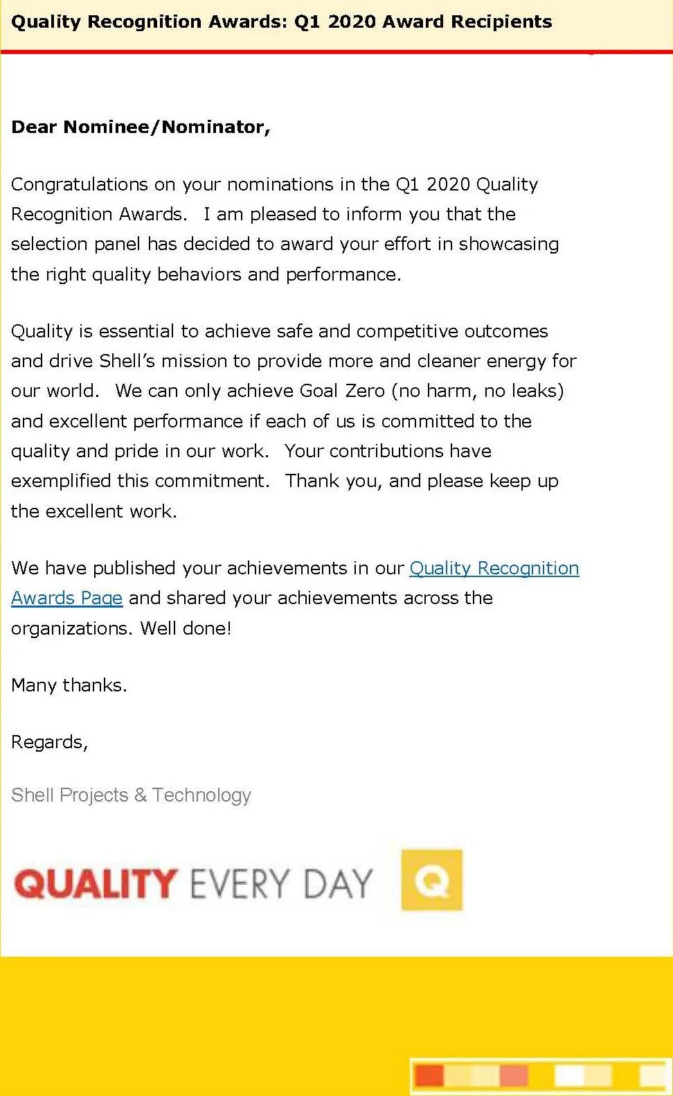 森松集团远程检验系统获得壳牌2020年第一季度质量认可奖 森松集团远程检验系统获得壳牌2020年第一季度质量认可奖