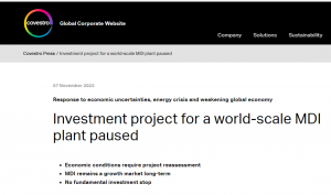 科思创暂停世界级规模MDI工厂建设项目投资!